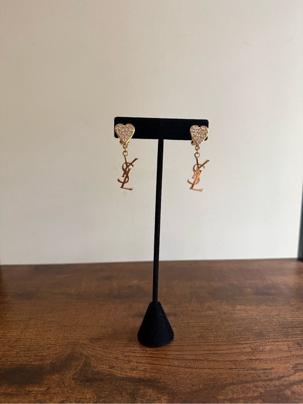 Yves Saint Laurent Gold Crystal Heart Drop Clip on Earrings
